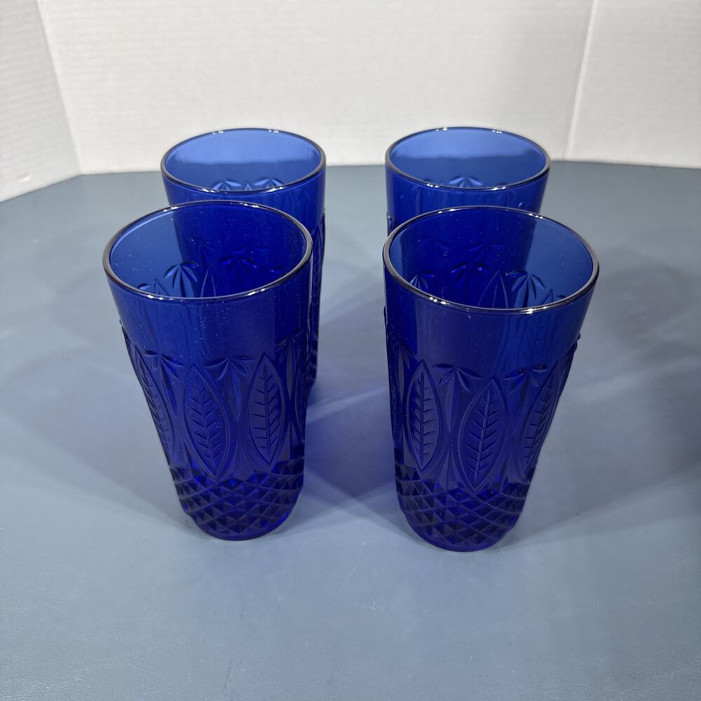 Avon Royal Sapphire Cobalt Blue Tumbler Glasses Leaf Arcoroc France Set